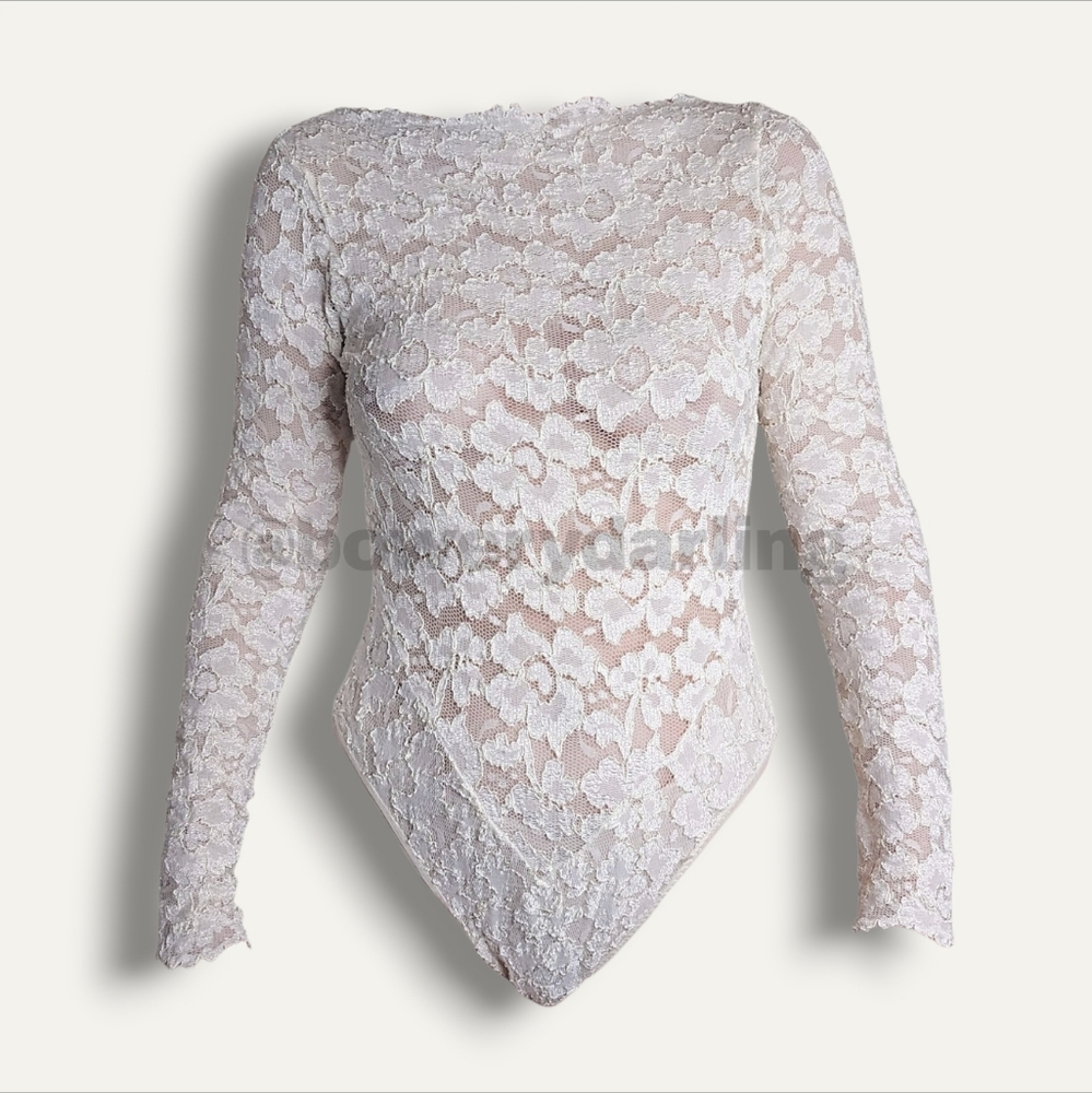 80s Victorias Secret Gold Label Sheer Lace Bodysuit - Cream (S)